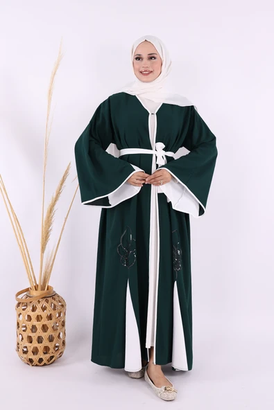 Nakış İşleme Detaylı Bel Kuşaklı Abaya 7901 Zümrüt ürün görseli 1