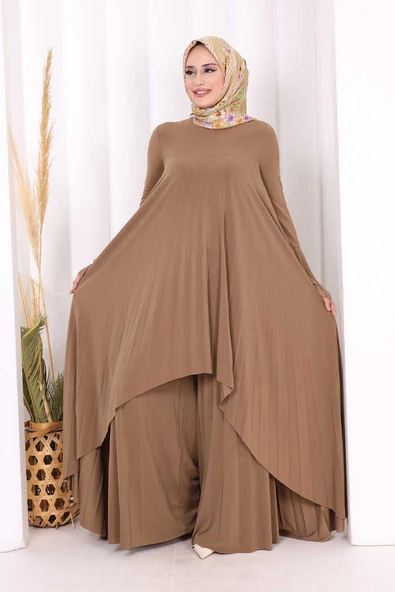 Pilise Detaylı Uzun Tunik ve Pantolon İkili Takım 8575 Taba ürün görseli 1