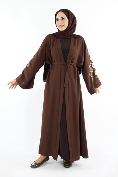 Nakış İşleme Detaylı Bel Kuşaklı Abaya 7898 Kahverengi ürün görseli 1