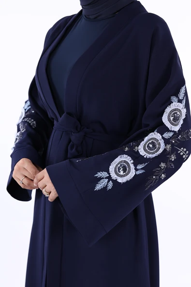 Nakış İşleme Detaylı Bel Kuşaklı Abaya 7898 Lacivert ürün görseli 1