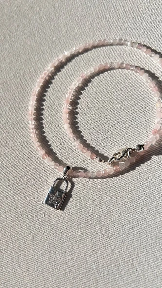 Pembe kuvars 925 ayar gümüş kolye - Resim 4