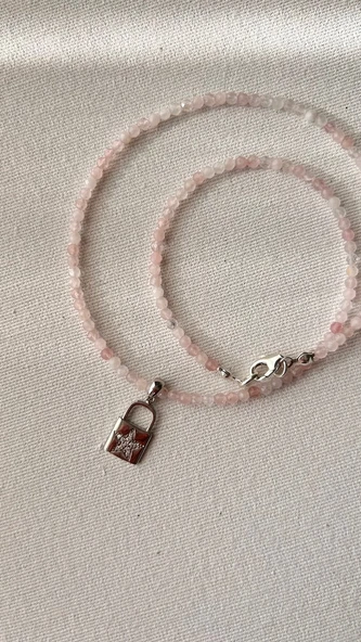 Pembe kuvars 925 ayar gümüş kolye - Resim 2