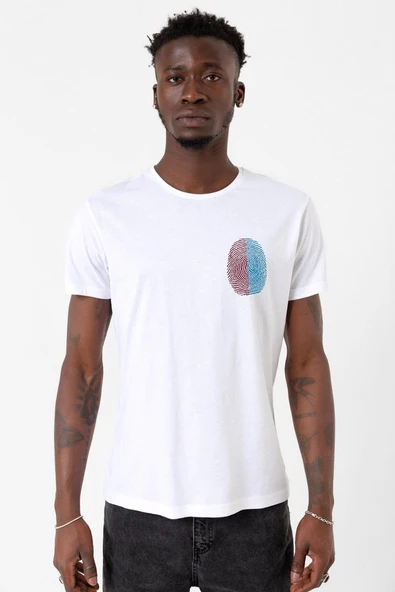 Bordo Mavi Parmak İzi Beyaz Erkek Bisikletyaka Tshirt ürün görseli 1