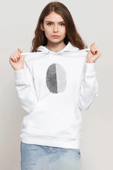 Siyah Beyaz Parmak İzi Beyaz Kadın 3ip Kapşonlu Sweatshirt ürün görseli 1