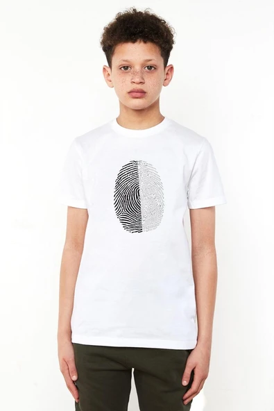 Siyah Beyaz Parmak İzi Beyaz Çocuk Bisikletyaka Tshirt ürün görseli 1