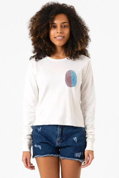 Bordo Mavi Parmak İzi Ekru Ekstra Uzunkol Sweatshirt ürün görseli 1