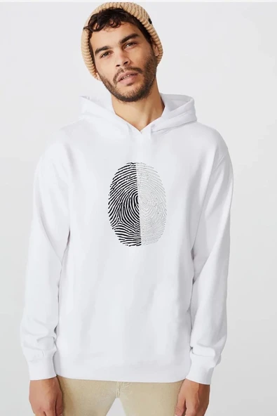 Siyah Beyaz Parmak İzi Beyaz Erkek 3ip Kapşonlu  Sweatshirt ürün görseli 1