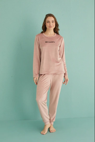 Gd Goldoremi 13165-9 Kadın Be Happy Kadife Manşetli Pijama Takım ürün görseli 1
