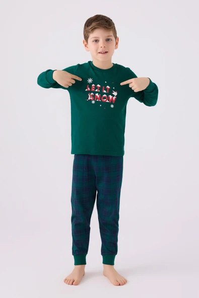 Arnetta 3131 Garson Noel Let İt Snow Erkek Çocuk Yeşil Uzun Kol Pijama Takım ürün görseli 1