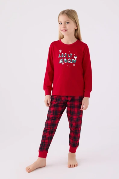 Arnetta 3105 Noel Let İt Snow Kız Çocuk Kırmızı Uzun Kol Pijama Takım ürün görseli 1