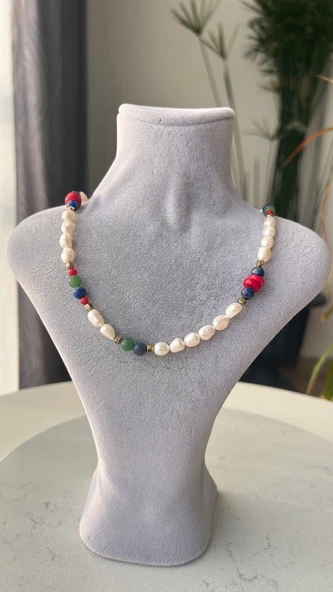 İnci lapis lazuli aventurin mercan kolye - Resim 3