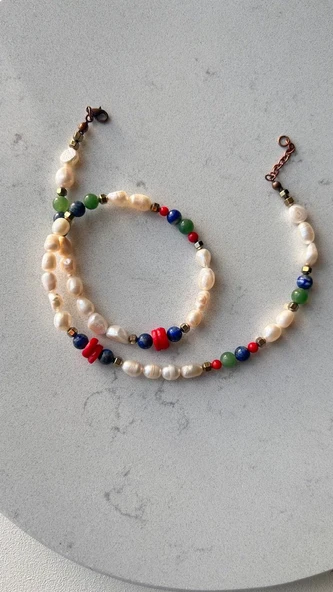 İnci lapis lazuli aventurin mercan kolye - Resim 4
