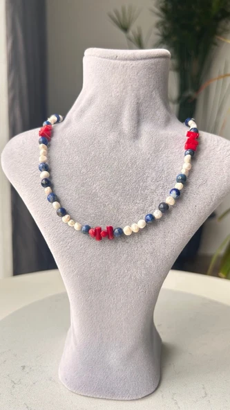 İnci lapis lazuli mercan kolye - Resim 2