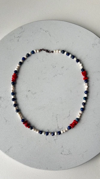 İnci lapis lazuli mercan kolye - Resim 3