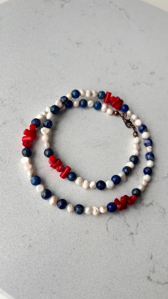 İnci lapis lazuli mercan kolye ürün görseli 1