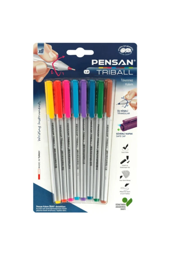 Pensan Tükenmez Kalem Triball 1.0 MM Bilye Uç 8 Lİ Renkli (24 Paket) ürün görseli 1
