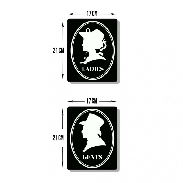 DECORITA Cam Wc Yönlendirme Levhası - 2'li Set Siyah Retro Ladies - Gents - 21cm x 17cm ürün görseli 1