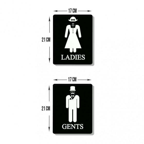 DECORITA Cam Wc Yönlendirme Levhası - 2'li Set Siyah Ladies - Gents - 21cm x 17cm ürün görseli 1