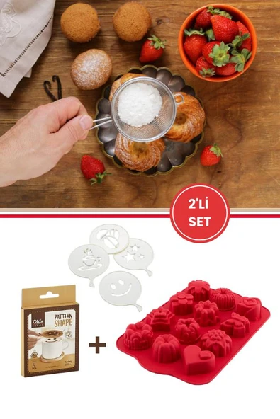 12'li Karma Silikon Kek Kalıbı ve Pasta Süsleme Şablonu, Kahve, Tatlı Şekillendirici Süsleme Aparatı İkili Set ürün görseli 1