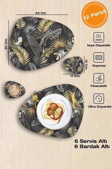 Valerine Life Gri Gold Palmiye Yaprağı Desenli Amerikan Deri Kaymaz Yıkanabilir Servis Altlığı 12 Parça 6 Kişilik ürün görseli 1