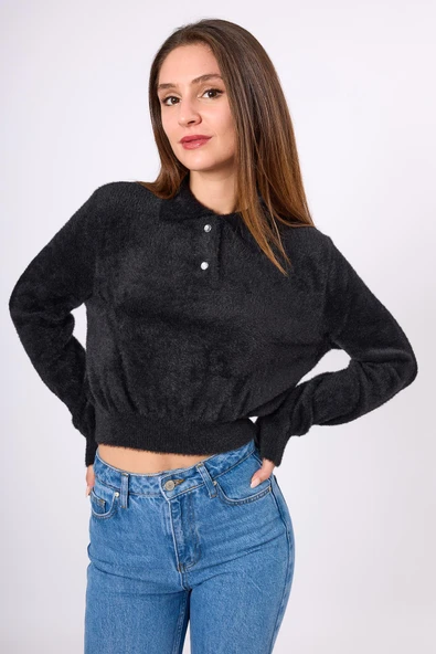 Peraluna Lucy Krop Kesim Polo Yaka Kadın Triko Bluz - Siyah ürün görseli 1
