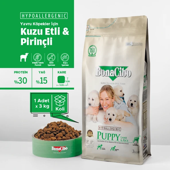 BonaCibo Puppy Lamb & Rice Kuzu Etli ve Pirinçli Yavru Köpek Maması 3 kg ürün görseli 1