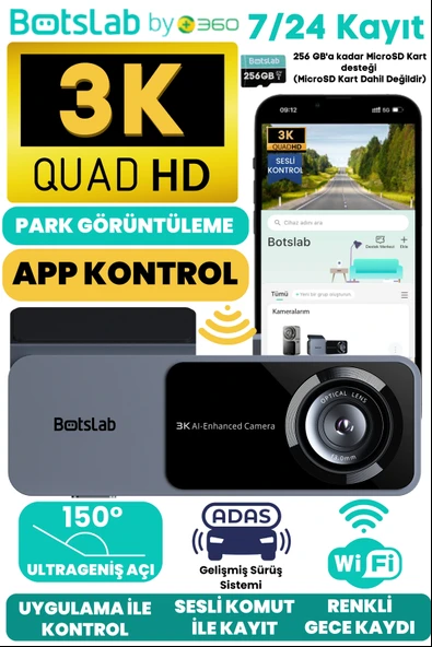 +360  Botslab Hk50 Wi-fi 1620p 150 Ultra Geniş Açı Gece Görüşlü Akıllı Araç Içi Kamera ürün görseli 1