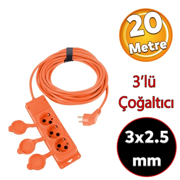 Monofaze CCA Uzatma Kablosu 3x2.5 mm Çoğaltıcı Seyyar Topraklı Kapaklı 3'lü Grup Priz Fiş 20 Metre ürün görseli 1