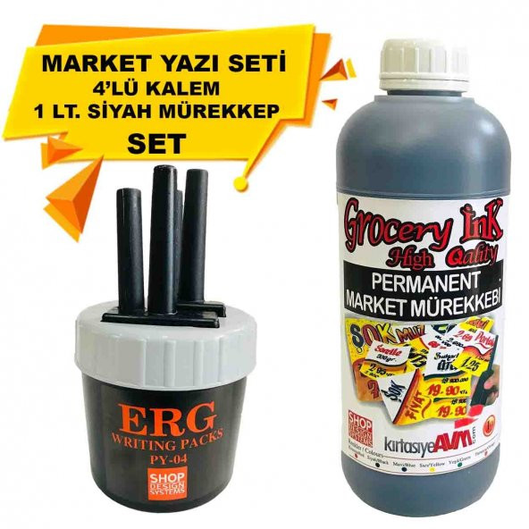 Market Kalemi 4'lü Set + Market Yazı Mürekkebi Siyah Renk ürün görseli 1