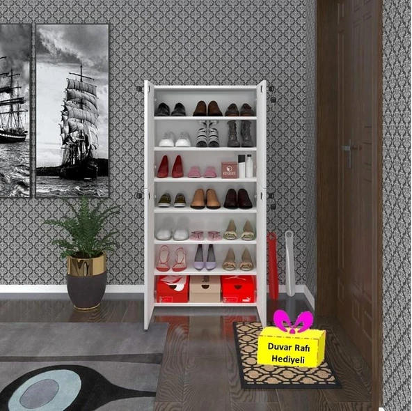 Kenzlife ayakkabılık ayakkabı dolabı kilitli be real byz 140*70*32 kapaklı arkalıklı ofis dolabı iki bölme + tekli duvar rafı hediyeli ürün görseli 1