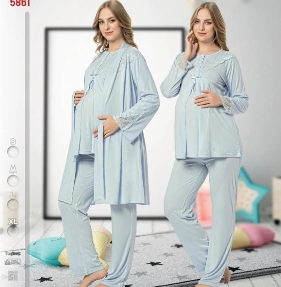 NEHİR 2020 MAVİ  Hamile Lohusa Pijama Sabahlık 3Lü Takım ürün görseli 1