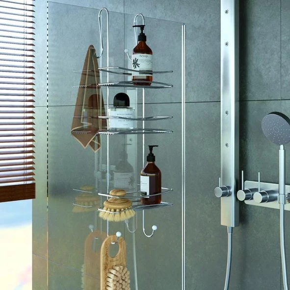 Geseus 3 Katlı Asmalı Banyo Duşakabin Duş Rafı Krom BKK066 ürün görseli 1