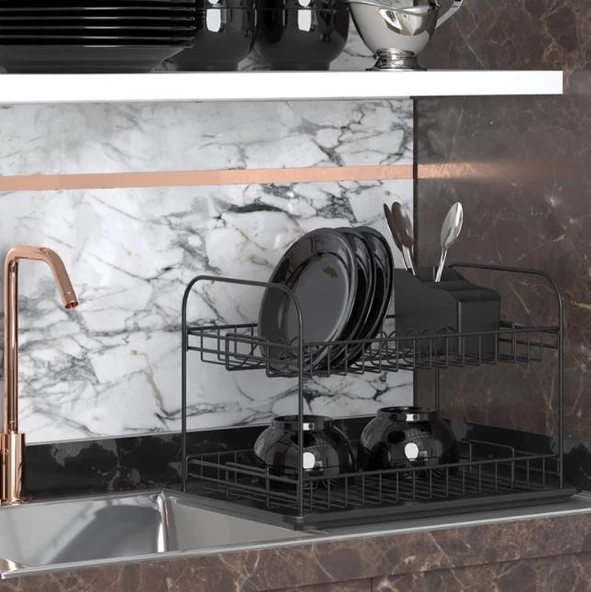 Geseus Home İki Katlı Tabaklık Bulaşıklık Mat Siyah KB007S ürün görseli 1