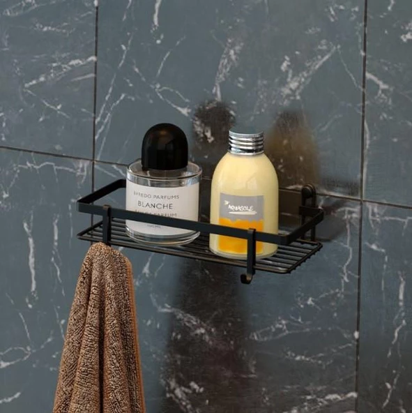 Geseus Tek Katlı Kancalı Banyo Rafı Mat Siyah ES081H ürün görseli 1