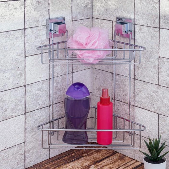 Geseus Yapışkanlı Krom İki Katlı Banyo Köşe Rafı EF257 ürün görseli 1