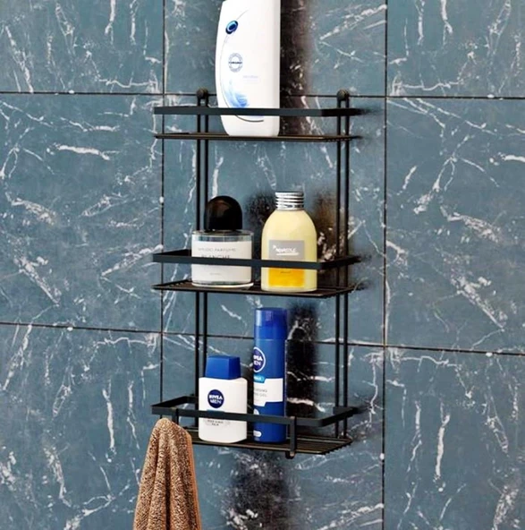 Geseus Üç Katlı Kancalı Banyo Rafı Mat Siyah ES065H ürün görseli 1