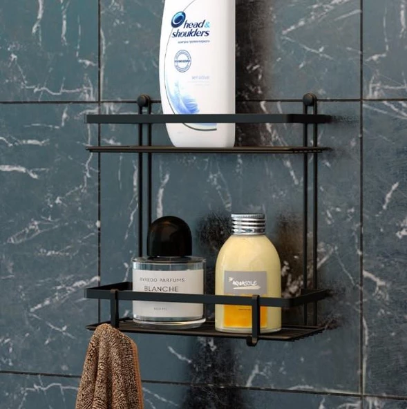 Geseus İki Katlı Kancalı Banyo Rafı Mat Siyah ES067H ürün görseli 1
