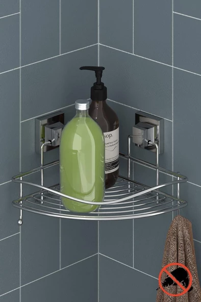 Geseus Yapışkanlı Askılı Tek Katlı Banyo Köşe Rafı Krom EF250 ürün görseli 1