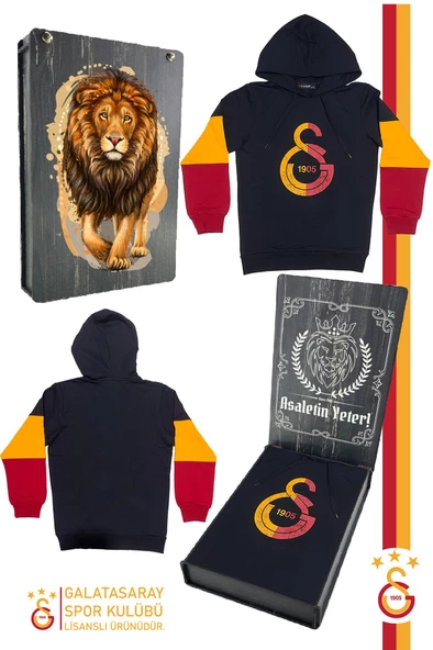 Galatasaray Orijinal Lisanslı Logo Siyah Kapüşonlu Çocuk Sweat Hediyelik Ahşap Kutulu ürün görseli 1