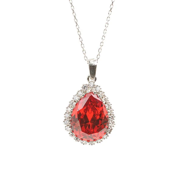 925 Ayar Gümüş Damla Garnet Taşlı Anturaj Kolye ürün görseli 1