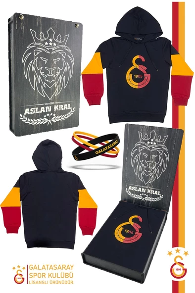 Galatasaray Orijinal Lisanslı Logo Siyah Kapüşonlu Sweat Bileklik Set Hediyelik Ahşap Kutulu ürün görseli 1