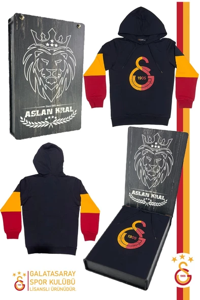 Galatasaray Orijinal Lisanslı Logo Siyah Kapüşonlu Sweat Hediyelik Ahşap Kutulu ürün görseli 1