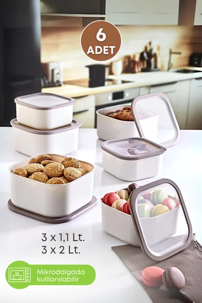 6 Adet Sızdırmaz Erzak Saklama Kabı 3x1,1 Lt. 3x2 Lt.bej-mikrodalga Girebilen Saklama Kabı ürün görseli 1