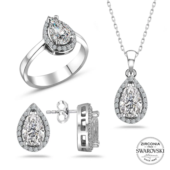 Swarovski Taşlı Damla Gümüş Kolye Küpe Yüzük Set Sertifikalı ürün görseli 1