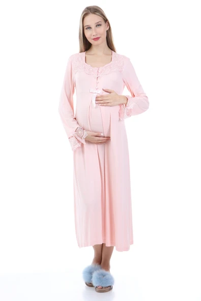 Luvmabelly MYRA9622 Dantelli Düğmeli Hamile Gecelik - Pembe ürün görseli 1