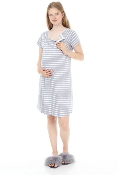 Luvmabelly MYRA9580 Yandan Çıt Çıtlı Hamile Geceliği - Gri Çizgili ürün görseli 1