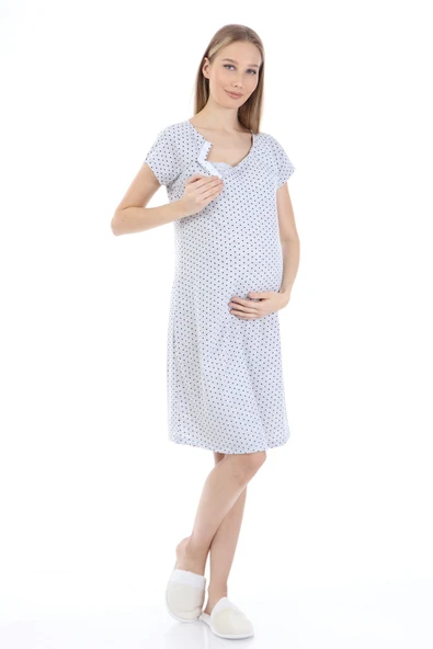 Luvmabelly MYRA9582 Yandan Çıt Çıtlı Hamile Geceliği - Siyah Puantiyeli - Gri ürün görseli 1