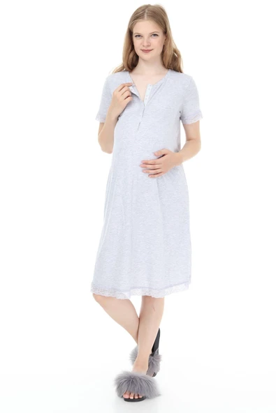 Luvmabelly MYRA9590 Önden Çıt Çıtlı Dantelli Hamile Geceliği - Gri ürün görseli 1