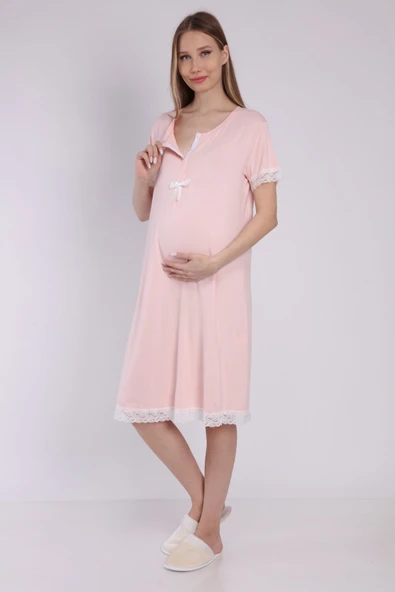 Luvmabelly MYRA9592 Önden Çıt Çıtlı Dantelli Hamile Geceliği -Pembe ürün görseli 1