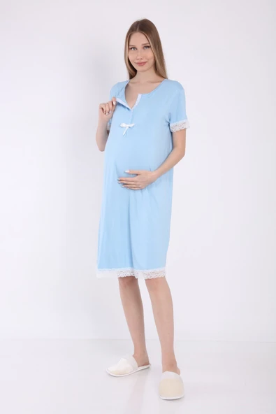 Luvmabelly MYRA9591 Önden Çıt Çıtlı Dantelli Hamile Geceliği -Mavi ürün görseli 1